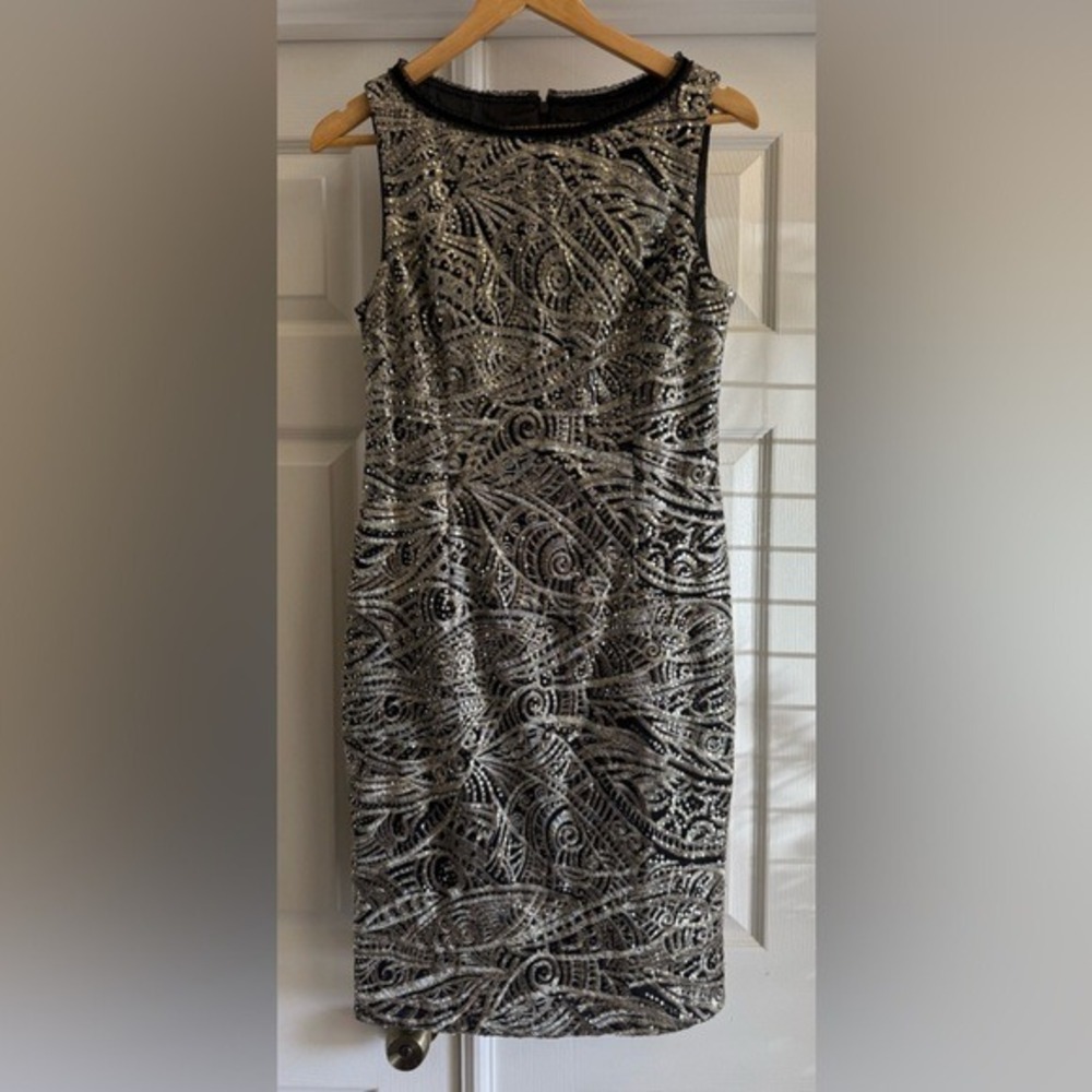 Alex Marie Sequin Sheath Dress Size 6 Black Silver Metallic Embroidered Cocktail